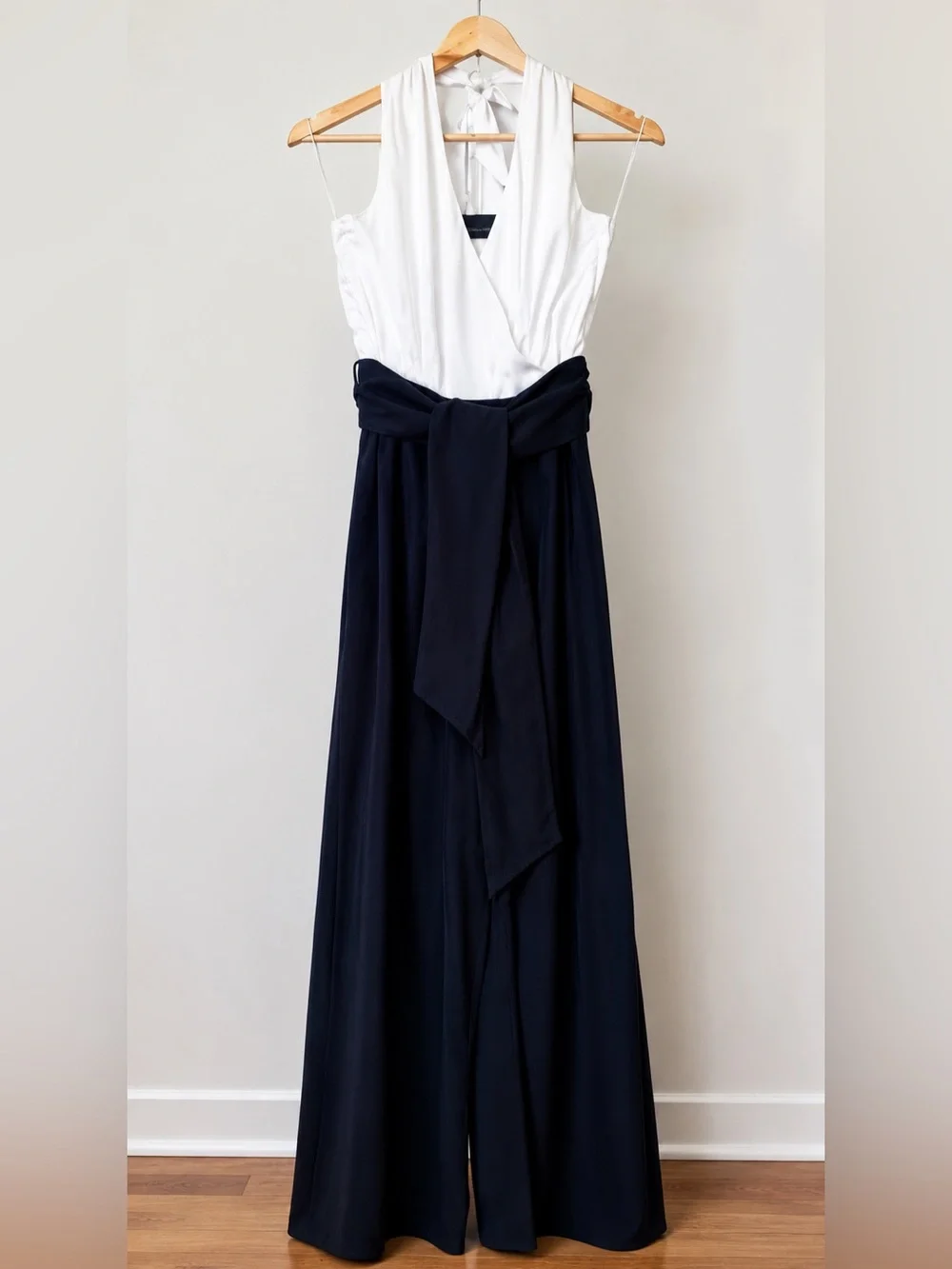 H&M Satin Halter Wide Leg Jumpsuit Black & Ivory Size 4 - Picture 2 of 7
